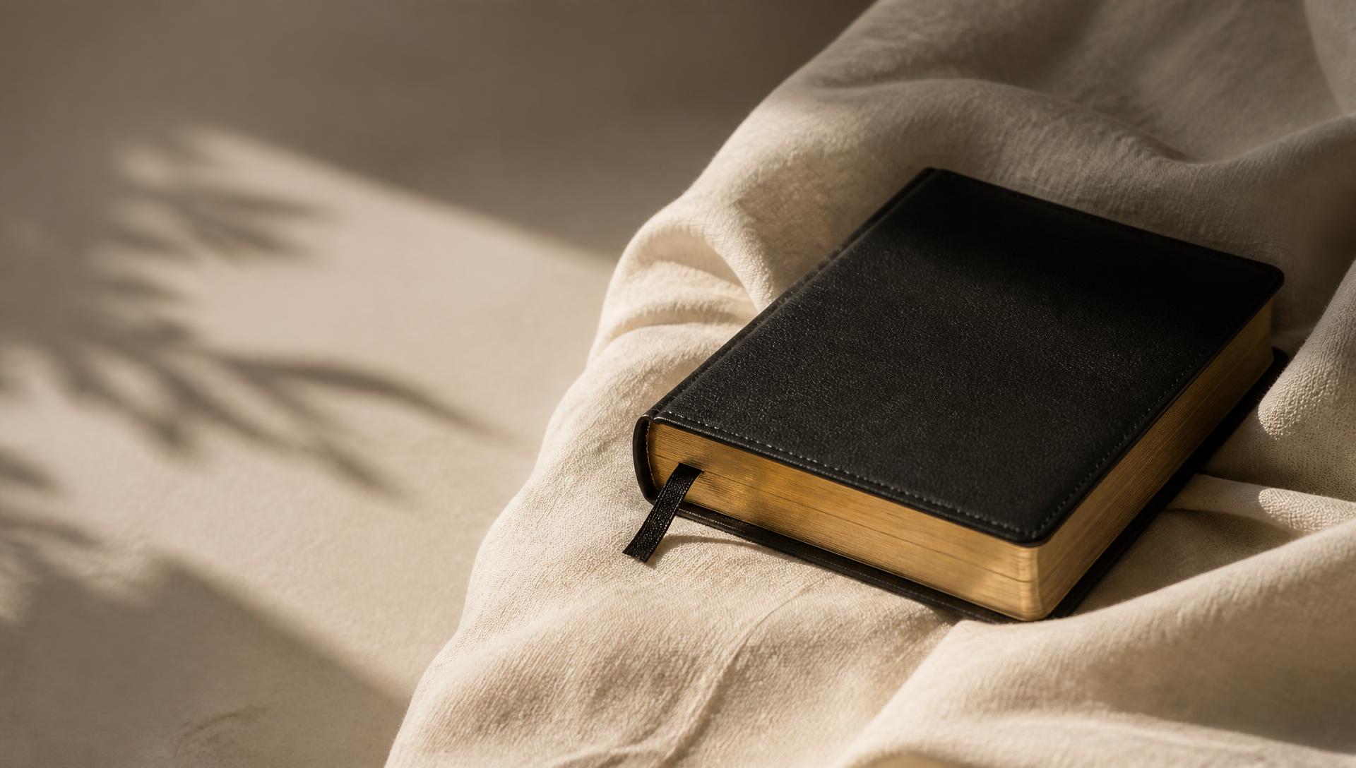 A closed black leather Bible with gilded page edges and a ribbon marker resting on ivory linen.