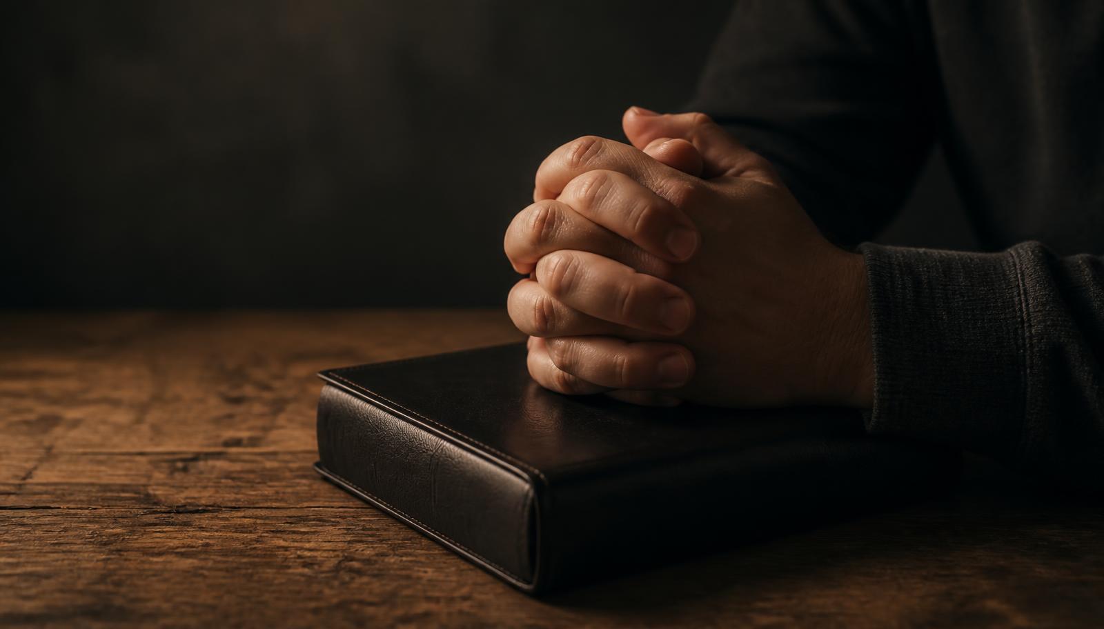 Folded hands resting on a closed black leather Bible on a wooden table in low light.